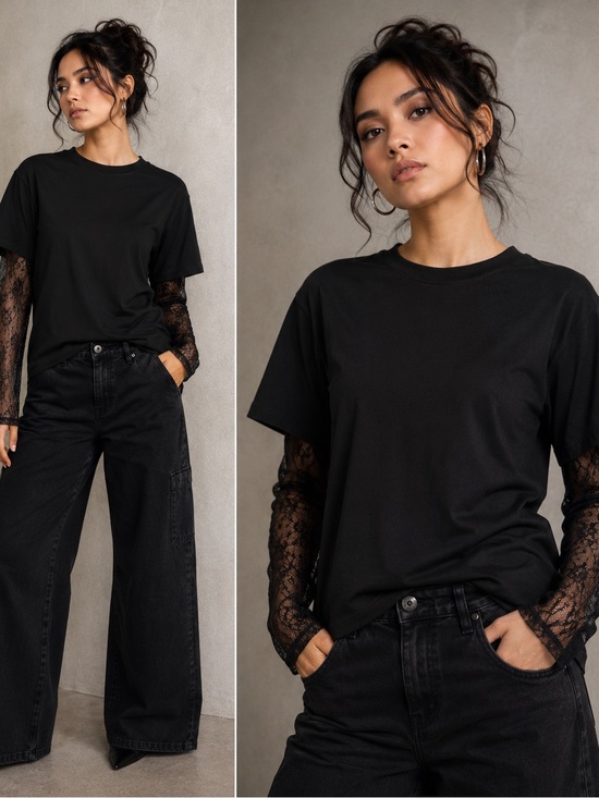 UNBRANDED1 Tops - Black Lace Sleeve Tee
